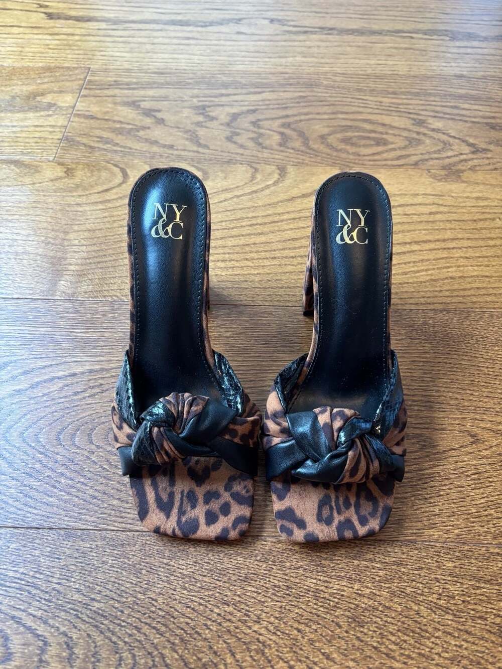 NY & C Leopard Print Knotted Block Heel Mule Sandals